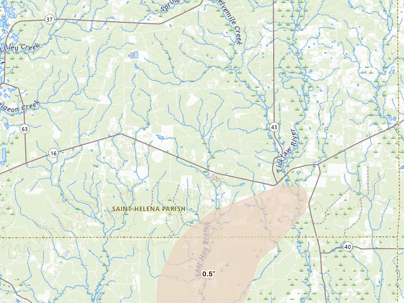 Radar-estimated hail-size map of the storm over Holden, LA on Jul 9, 2026