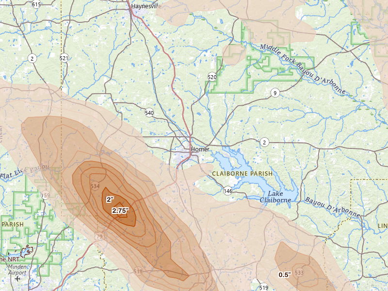 Radar-estimated hail-size map of the storm over Homer, LA on Apr 25, 2026