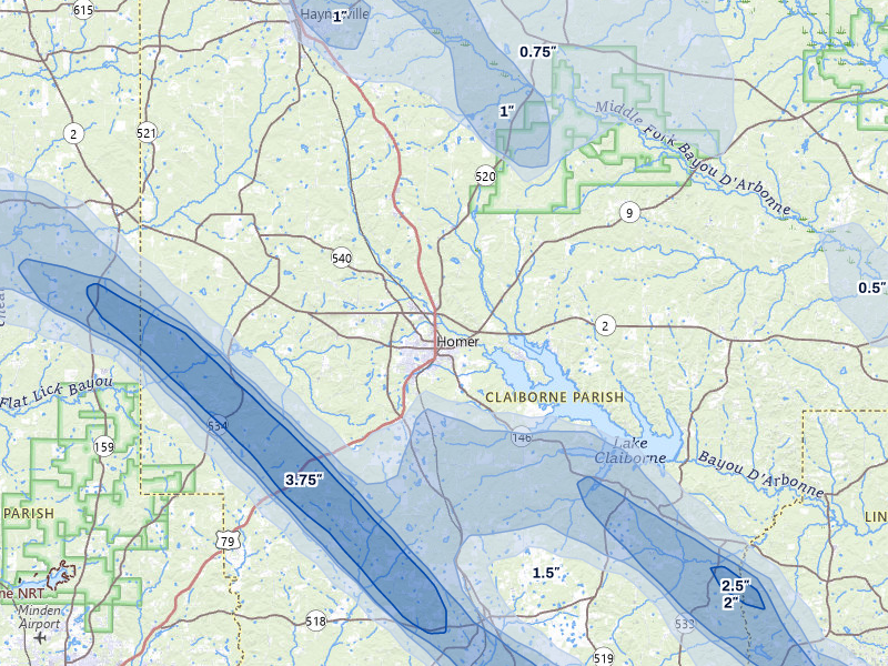 NEXRAD radar-signature map of the hail over Homer, LA