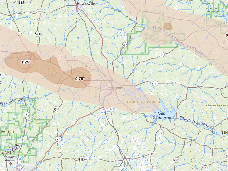 Radar-estimated hail-size map of the storm over Homer, LA on Apr 29, 2026