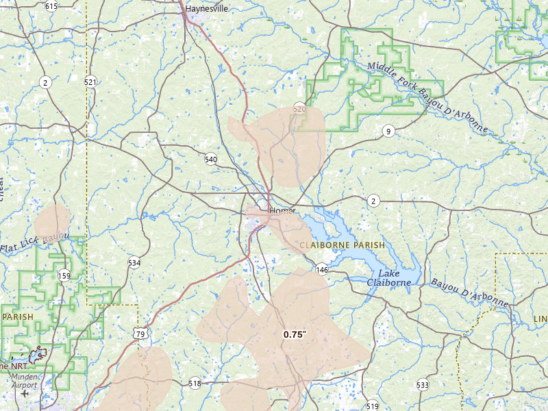 Radar-estimated hail-size map of the storm over Homer, LA on Jun 2, 2026