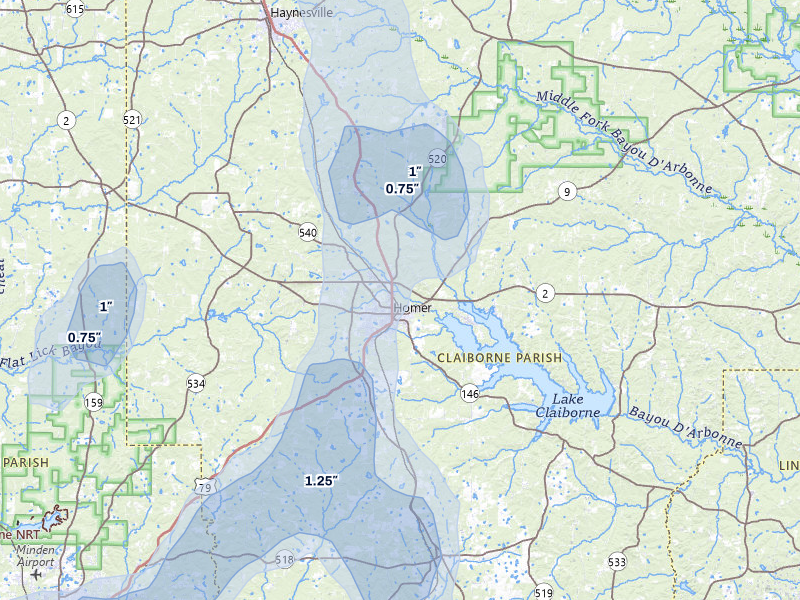 NEXRAD radar-signature map of the hail over Homer, LA