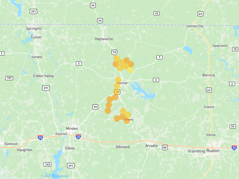 Hail map of Homer, LA on Jun 2, 2026, hail up to 1.25"