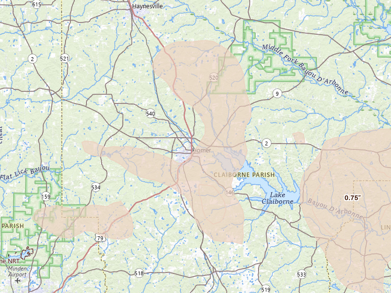 Radar-estimated hail-size map of the storm over Homer, LA on Jun 22, 2026