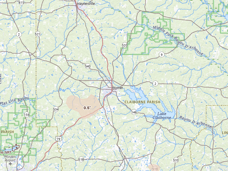 Radar-estimated hail-size map of the storm over Homer, LA on Jun 23, 2026