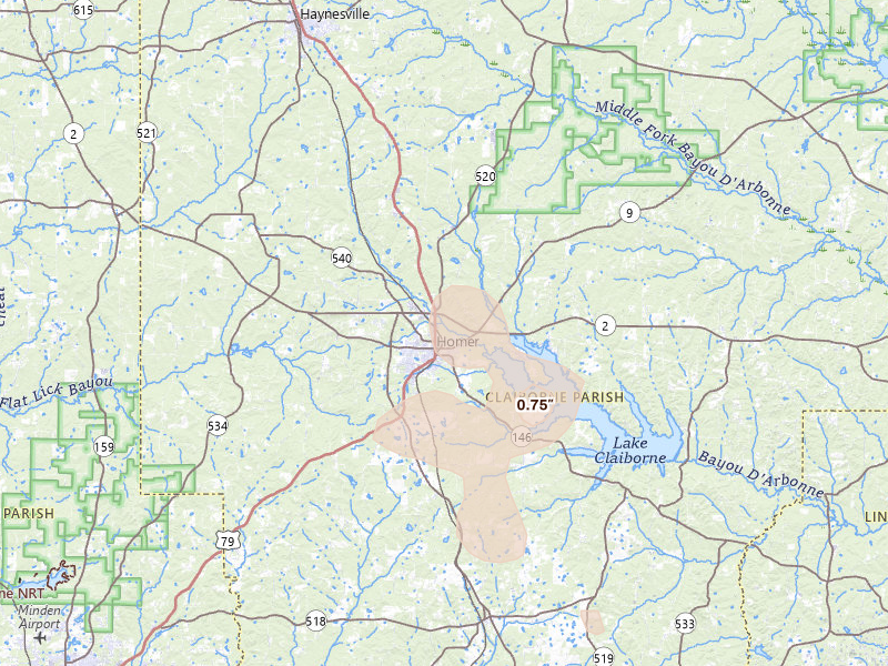 Radar-estimated hail-size map of the storm over Homer, LA on Jul 6, 2026
