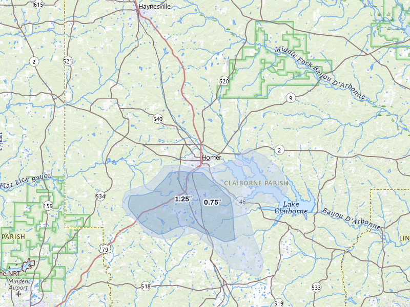 NEXRAD radar-signature map of the hail storm over Homer, LA on Jul 6, 2026