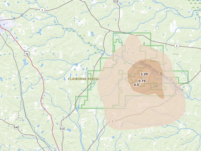 Radar-estimated hail-size map of the storm over Homer, LA