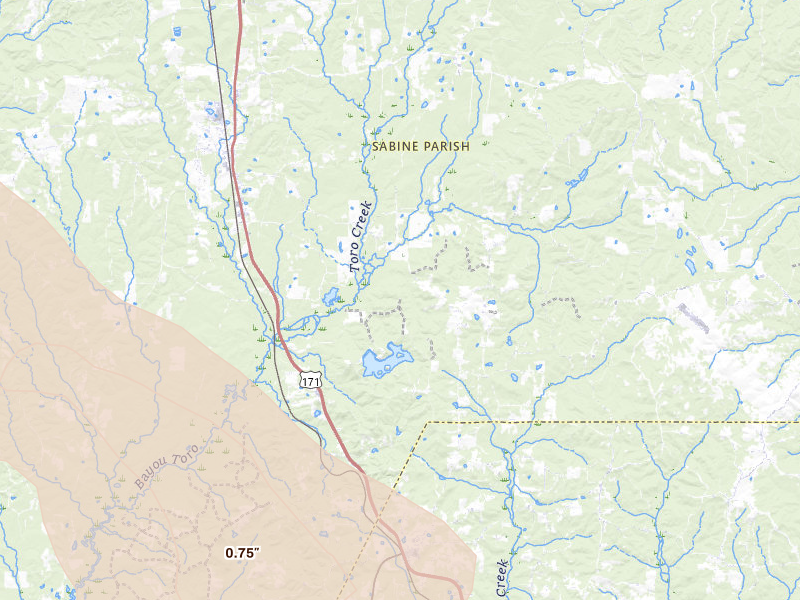 Radar-estimated hail-size map of the storm over Hornbeck, LA on Apr 24, 2026