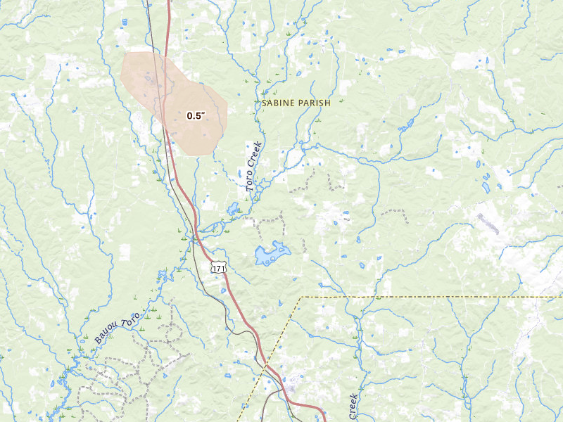 Radar-estimated hail-size map of the storm over Hornbeck, LA on May 25, 2026