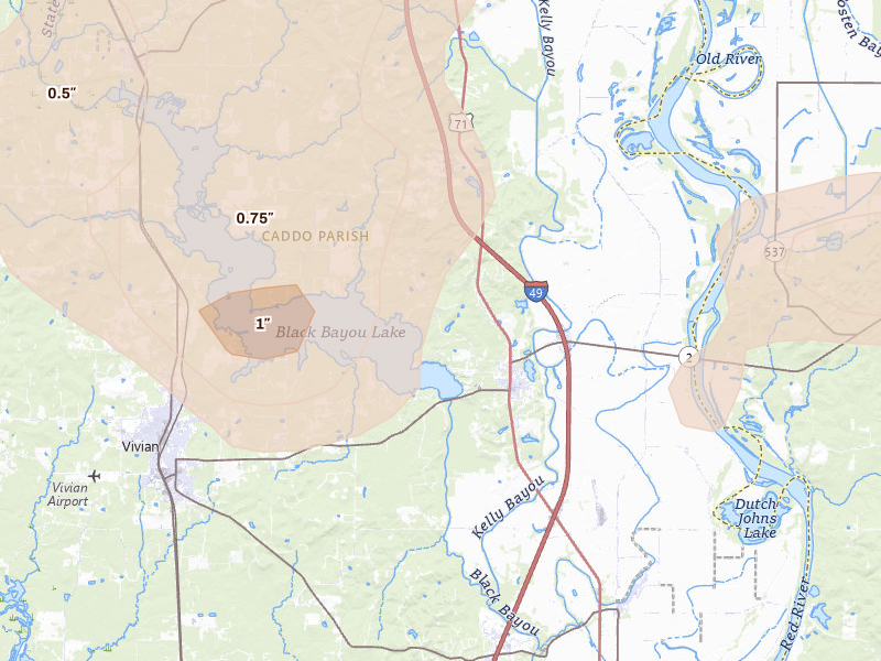 Radar-estimated hail-size map of the storm over Hosston, LA on Jul 6, 2026