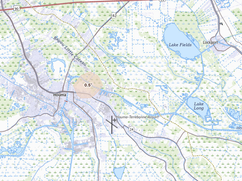 Radar-estimated hail-size map of the storm over Houma, LA on Jun 2, 2026