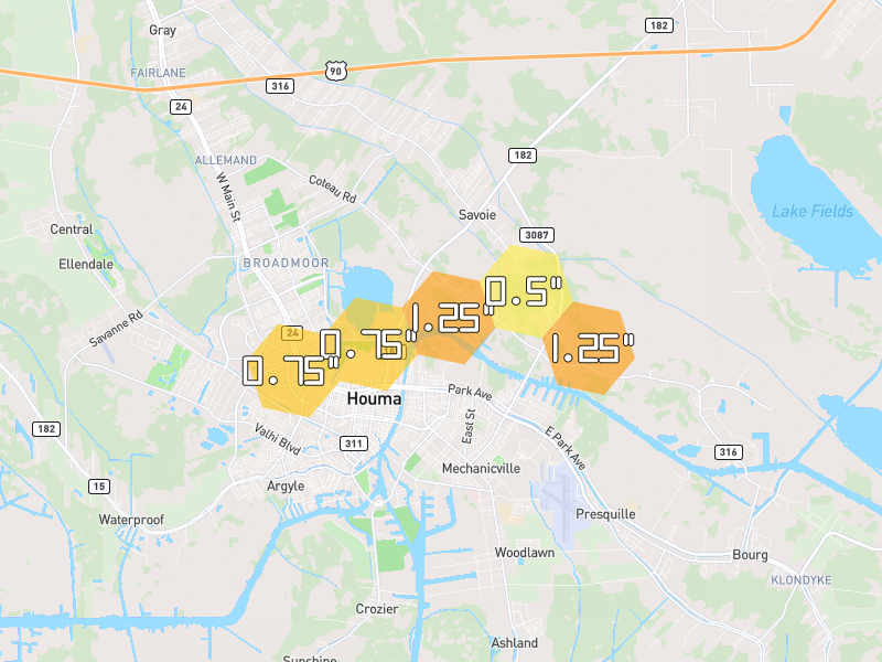 Hail map of Houma, LA on Jun 2, 2026, hail up to 1.25"