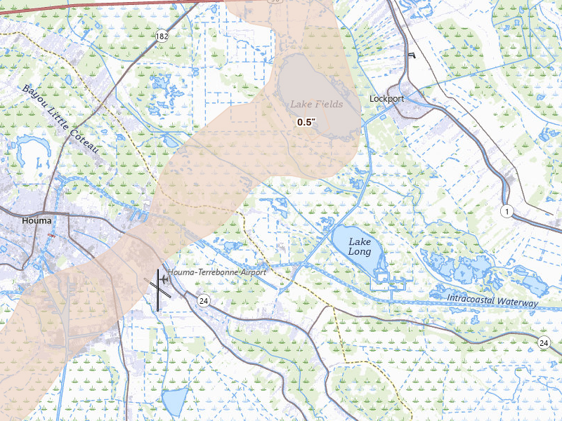 Radar-estimated hail-size map of the storm over Houma, LA on Aug 25, 2026