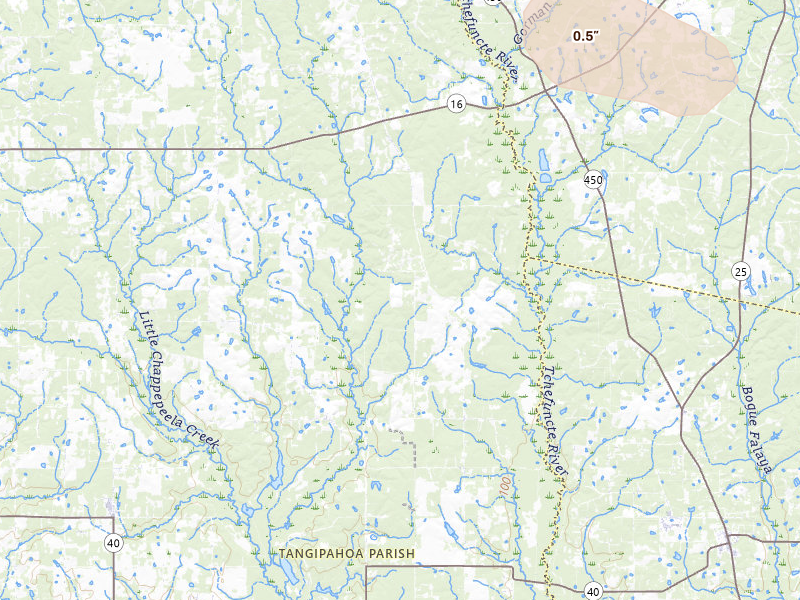 Radar-estimated hail-size map of the storm over Husser, LA on Apr 26, 2026