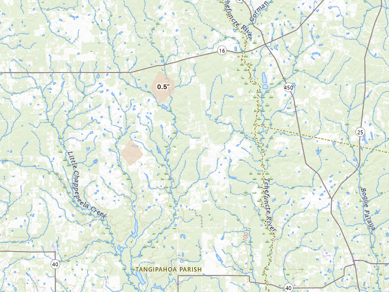 Radar-estimated hail-size map of the storm over Husser, LA on Aug 25, 2026