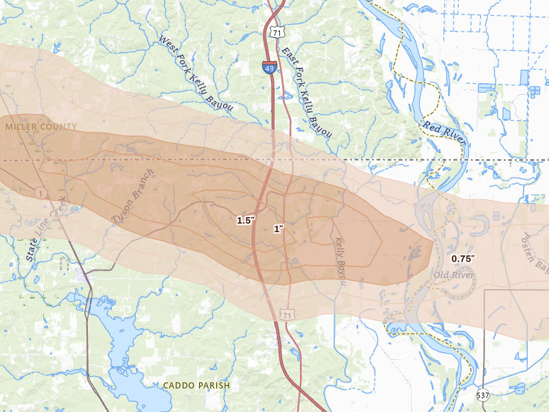 Radar-estimated hail-size map of the storm over Ida, LA on Apr 29, 2026