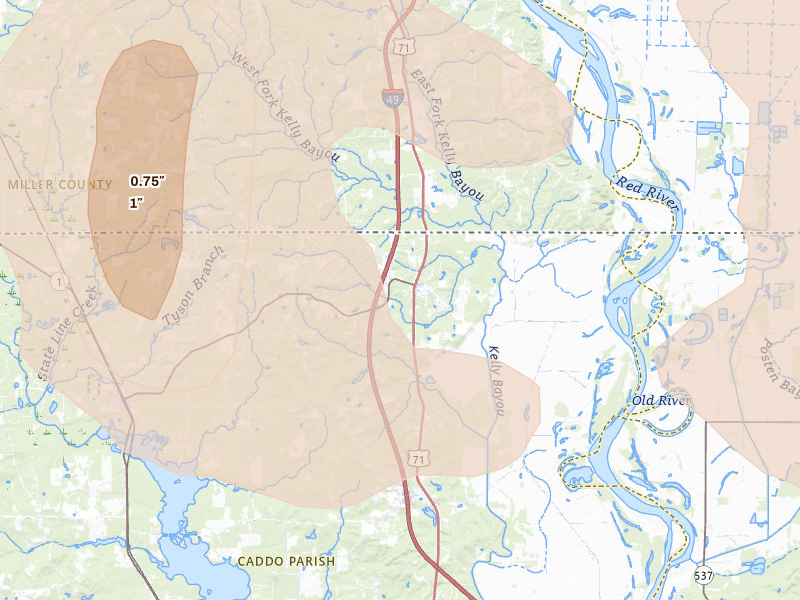 Radar-estimated hail-size map of the storm over Ida, LA on Jun 22, 2026