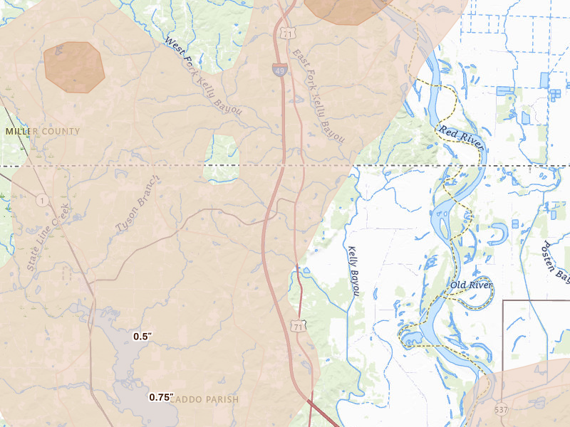Radar-estimated hail-size map of the storm over Ida, LA on Jul 6, 2026