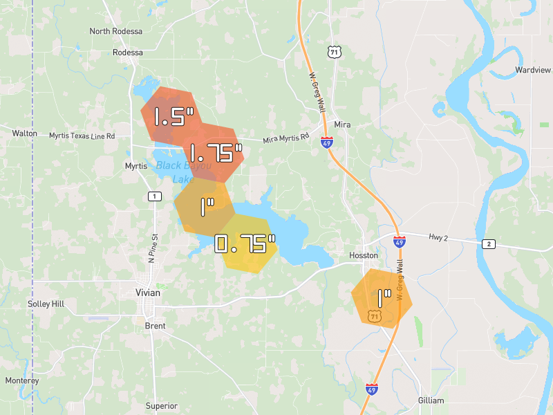 Hail map of Ida, LA on Jul 6, 2026, hail up to 1.75"