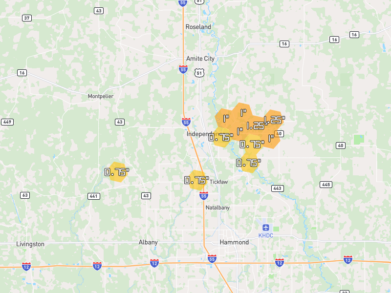 Hail map of Independence, LA on Jul 5, 2026, hail up to 1.25"