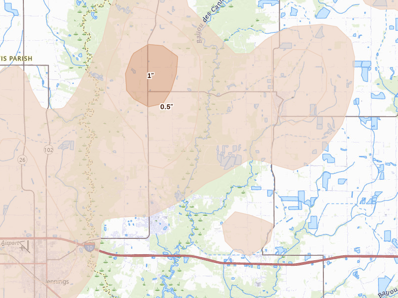 Radar-estimated hail-size map of the storm over Iota, LA on Aug 21, 2026