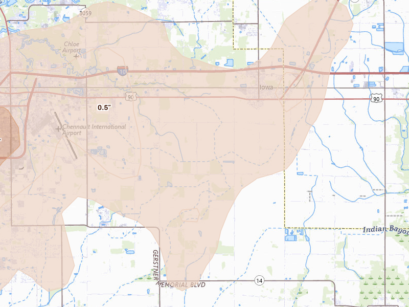 Radar-estimated hail-size map of the storm over Iowa, LA on May 23, 2026