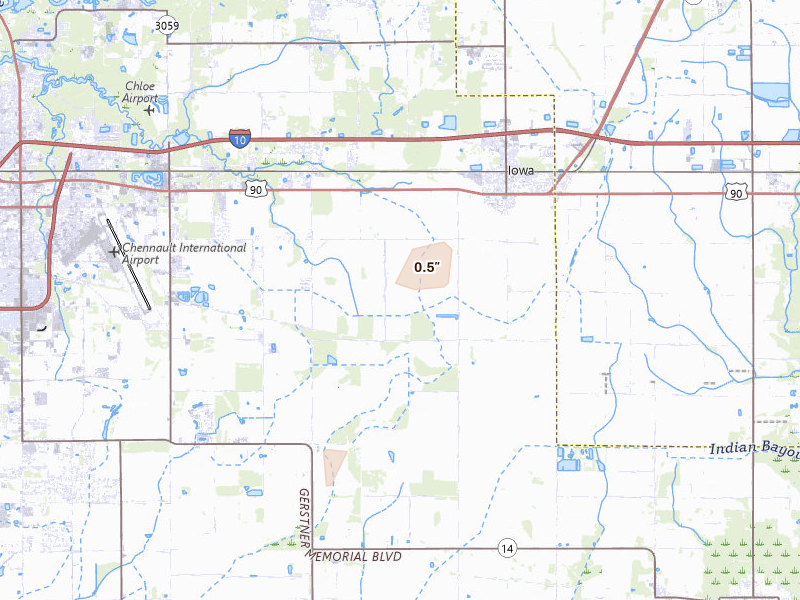 Radar-estimated hail-size map of the storm over Iowa, LA on Jul 4, 2026