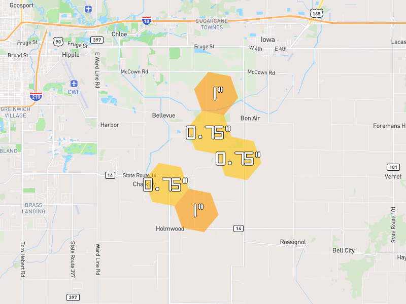 Hail map of Iowa, LA on Jul 4, 2026, hail up to 1"