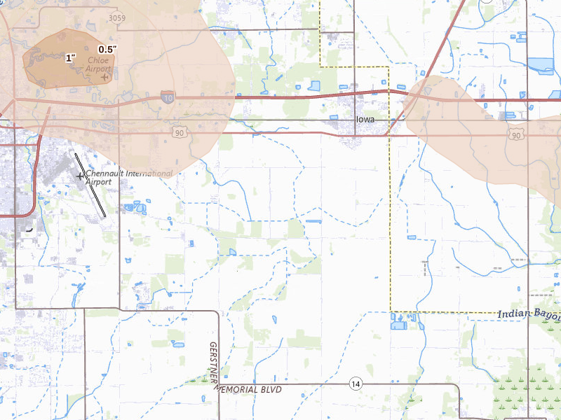 Radar-estimated hail-size map of the storm over Iowa, LA on Jul 5, 2026