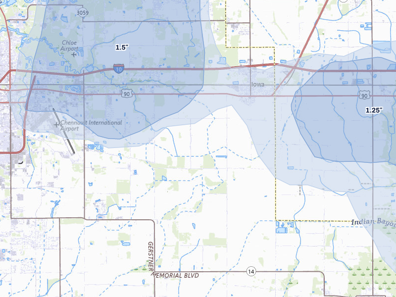 NEXRAD radar-signature map of the hail storm over Iowa, LA on Jul 5, 2026