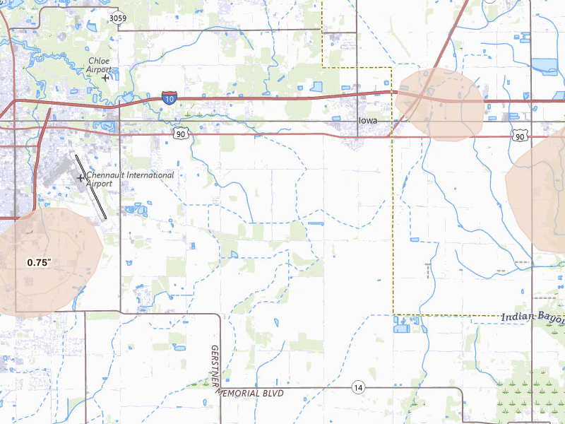 Radar-estimated hail-size map of the storm over Iowa, LA on Jul 7, 2026