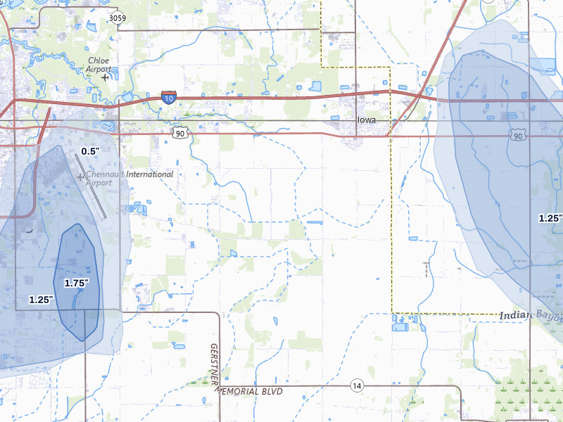 NEXRAD radar-signature map of the hail storm over Iowa, LA on Jul 7, 2026