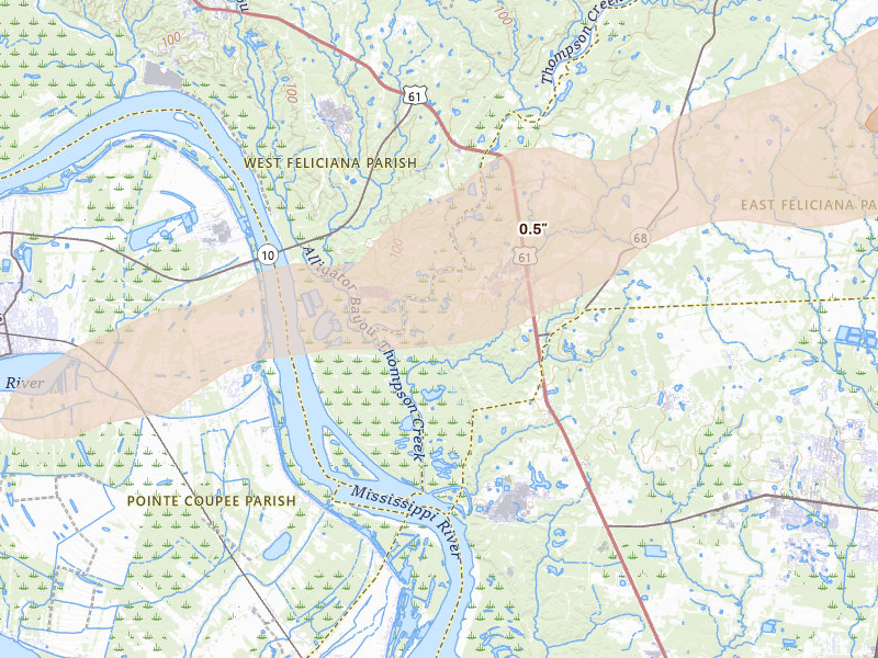 Radar-estimated hail-size map of the storm over Jackson, LA on May 8, 2026