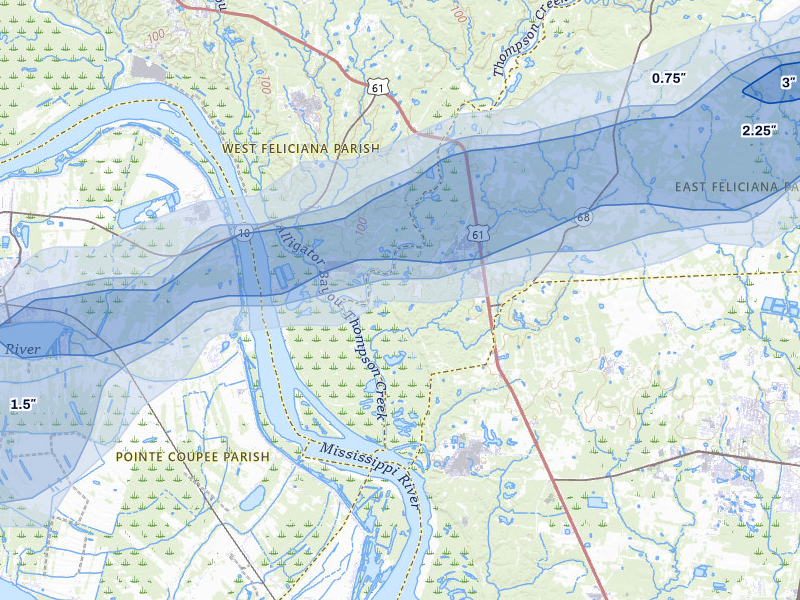 NEXRAD radar-signature map of the hail storm over Jackson, LA on May 8, 2026