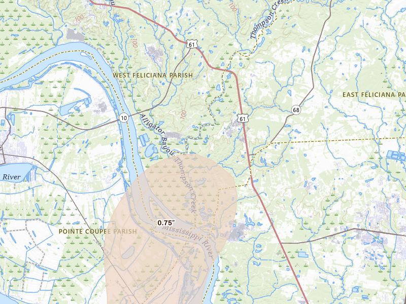 Radar-estimated hail-size map of the storm over Jackson, LA on Jul 8, 2026