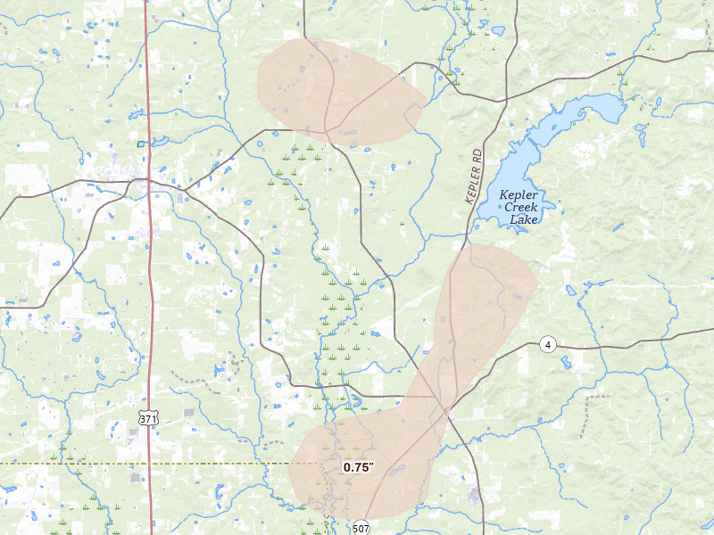 Radar-estimated hail-size map of the storm over Jamestown, LA on Aug 6, 2026
