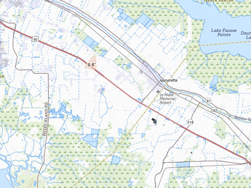 Radar-estimated hail-size map of the storm over Jeanerette, LA on Jul 4, 2026