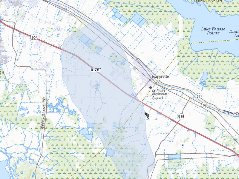 NEXRAD radar-signature map of the hail over Jeanerette, LA