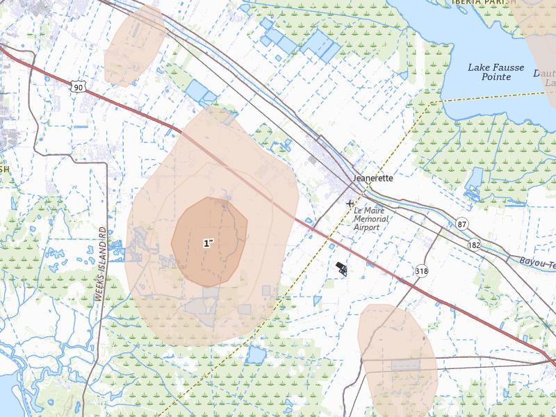 Radar-estimated hail-size map of the storm over Jeanerette, LA on Aug 21, 2026