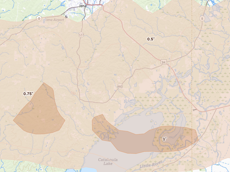 Radar-estimated hail-size map of the storm over Jena, LA on Mar 15, 2026