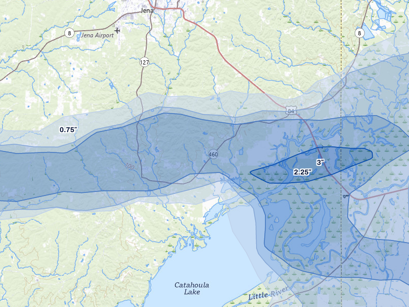 NEXRAD radar-signature map of the hail over Jena, LA
