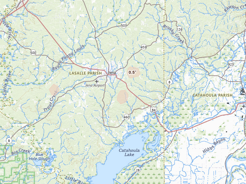 Radar-estimated hail-size map of the storm over Jena, LA on Jun 19, 2026