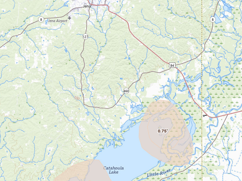 Radar-estimated hail-size map of the storm over Jena, LA on Aug 21, 2026
