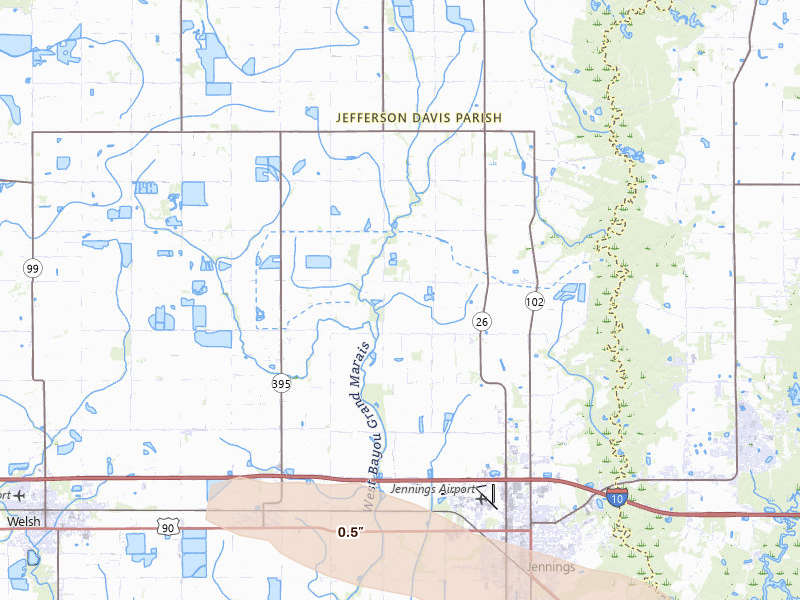 Radar-estimated hail-size map of the storm over Jennings, LA on Apr 24, 2026