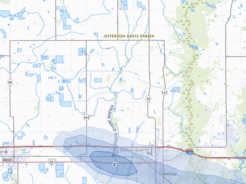 NEXRAD radar-signature map of the hail over Jennings, LA