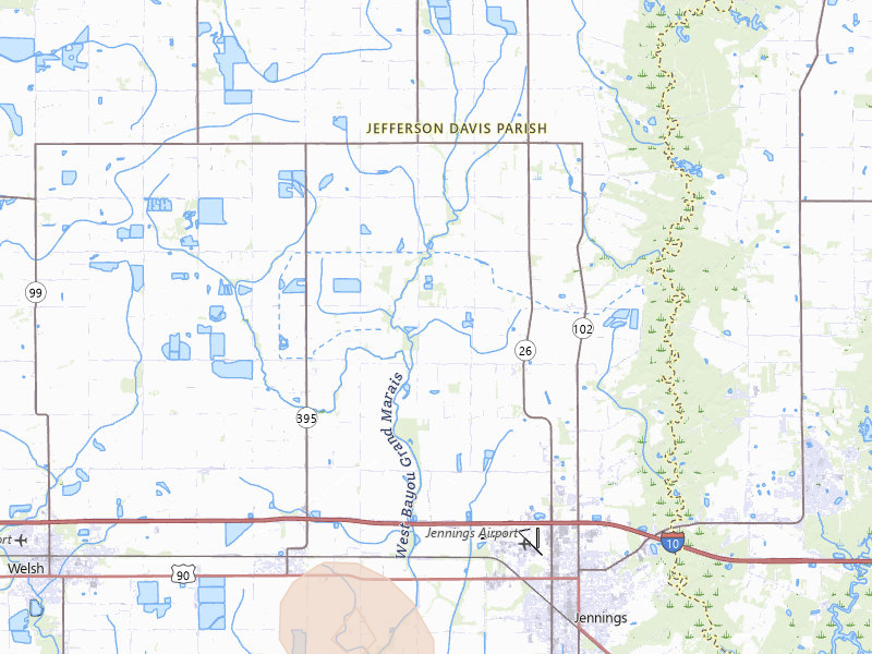 Radar-estimated hail-size map of the storm over Jennings, LA on Jul 5, 2026