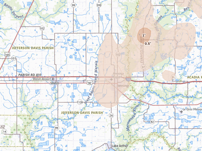 Radar-estimated hail-size map of the storm over Jennings, LA on Aug 21, 2026