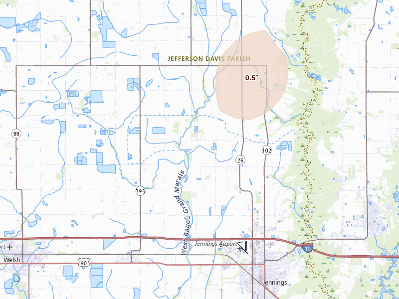 Radar-estimated hail-size map of the storm over Jennings, LA on Aug 22, 2026