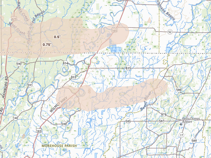 Radar-estimated hail-size map of the storm over Jones, LA on Mar 15, 2026